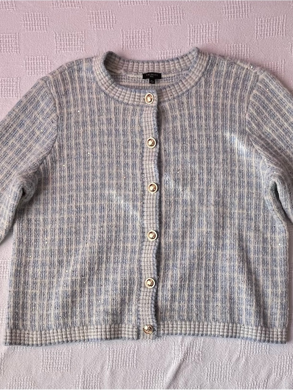 Talbots Light Gray and Powder Blue Tweed Crew Cardigan with Gold Buttons